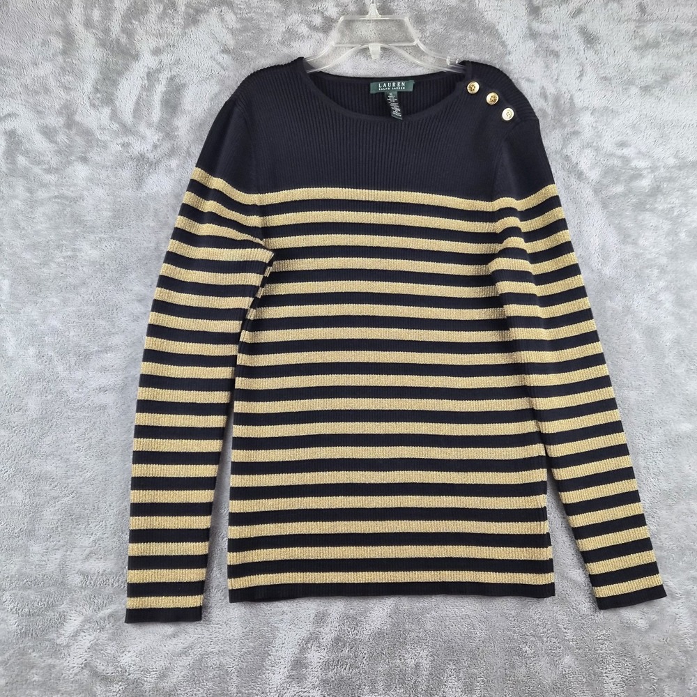 Lauren Ralph Lauren Sweater Women XL Gold Metallic Black Striped Button Shoulder